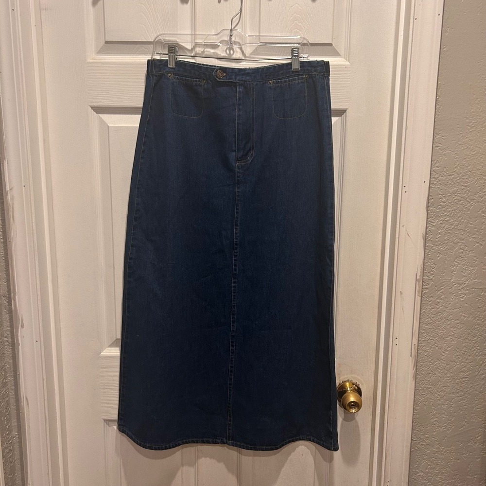 VTG Vanderbilt Dark Wash Denim Maxi Skirt Size 8 High Waist Cotton Long Blue